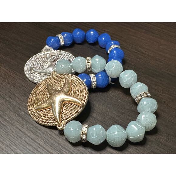 Pair of Coastal Beaded Bracelets Banded Anchor Starfish Fashion Jewelry - Picture 4 of 11